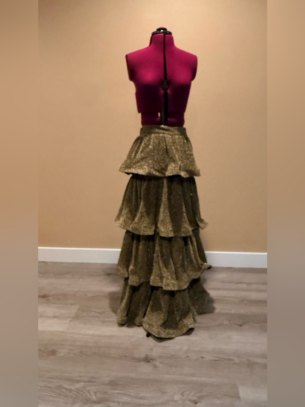 Sparkle Tiered Ruffle Maxi Skirt in
Olive Gold - NWT